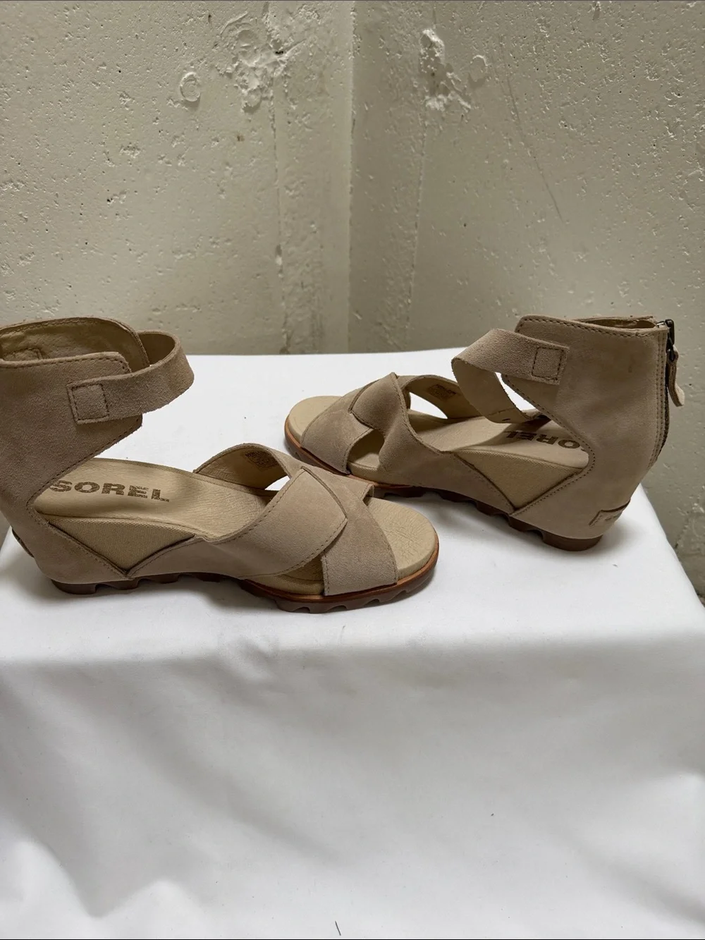 Sorel Bone Suede Wedge Sandals with Ankle Strap and Back Zip